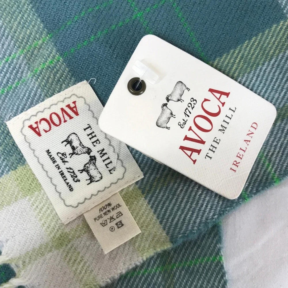 Avoca The‎ Mill Ireland Scarf 100% Pure New Wool Green Teal Plaid Fringed NWT